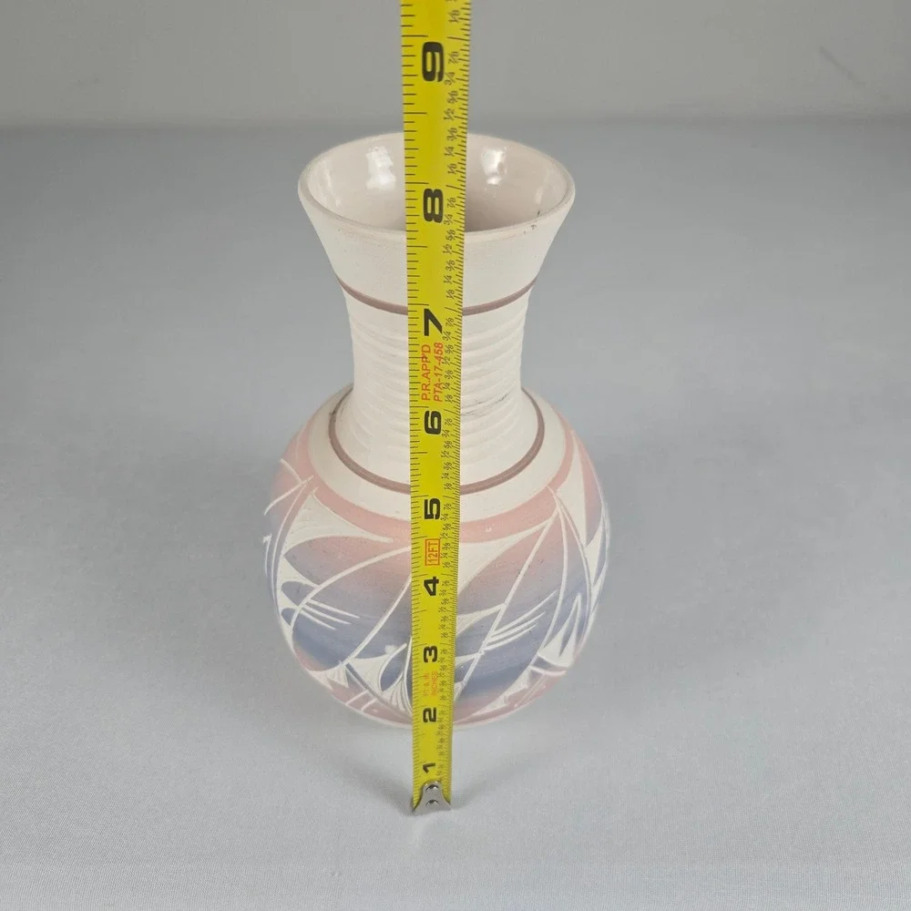 Vintage Mexican Pottery Southwest‎ Style Vase Blue & Pink Pastel on White Signed